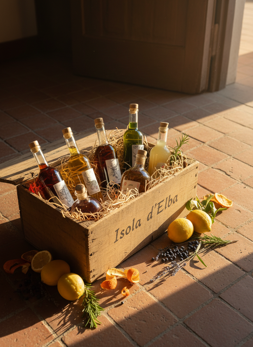 A rustic wooden crate branded with “Isola d’Elba” sits open on a terracotta-tiled floor, filled with straw and nestled bottles of assorted artisanal liqueurs in varied shapes and colors. Around the crate lie scattered ingredients: whole lemons, dried orange peels, sprigs of rosemary, lavender, and myrtle berries, suggesting the flavors inside. Warm, late-afternoon sunlight streams in from a side doorway, illuminating dust motes and casting rich, diagonal shadows. Photographic realism, shot from a three-quarter overhead angle following the rule of thirds, capturing fine textures of wood, straw, and glass while conveying a sense of discovery and genuine, small-batch craftsmanship from the island.