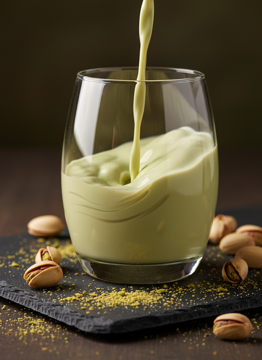 A close-up macro shot of a clear glass being filled with a thick, creamy Elban pistachio liqueur, the stream of pale green liquid forming a silky swirl against the side of the glass. The glass rests on a dark slate board sprinkled with crushed pistachios and a few whole nuts in their shells. Soft, controlled studio lighting from one side creates dramatic highlights on the liquid’s surface and delicate shadows in the folds of the pour. The background falls into deep, velvety blur, emphasizing the luxurious texture and artisanal quality. Photographic realism, with an indulgent, sophisticated mood suited to gourmet presentation.