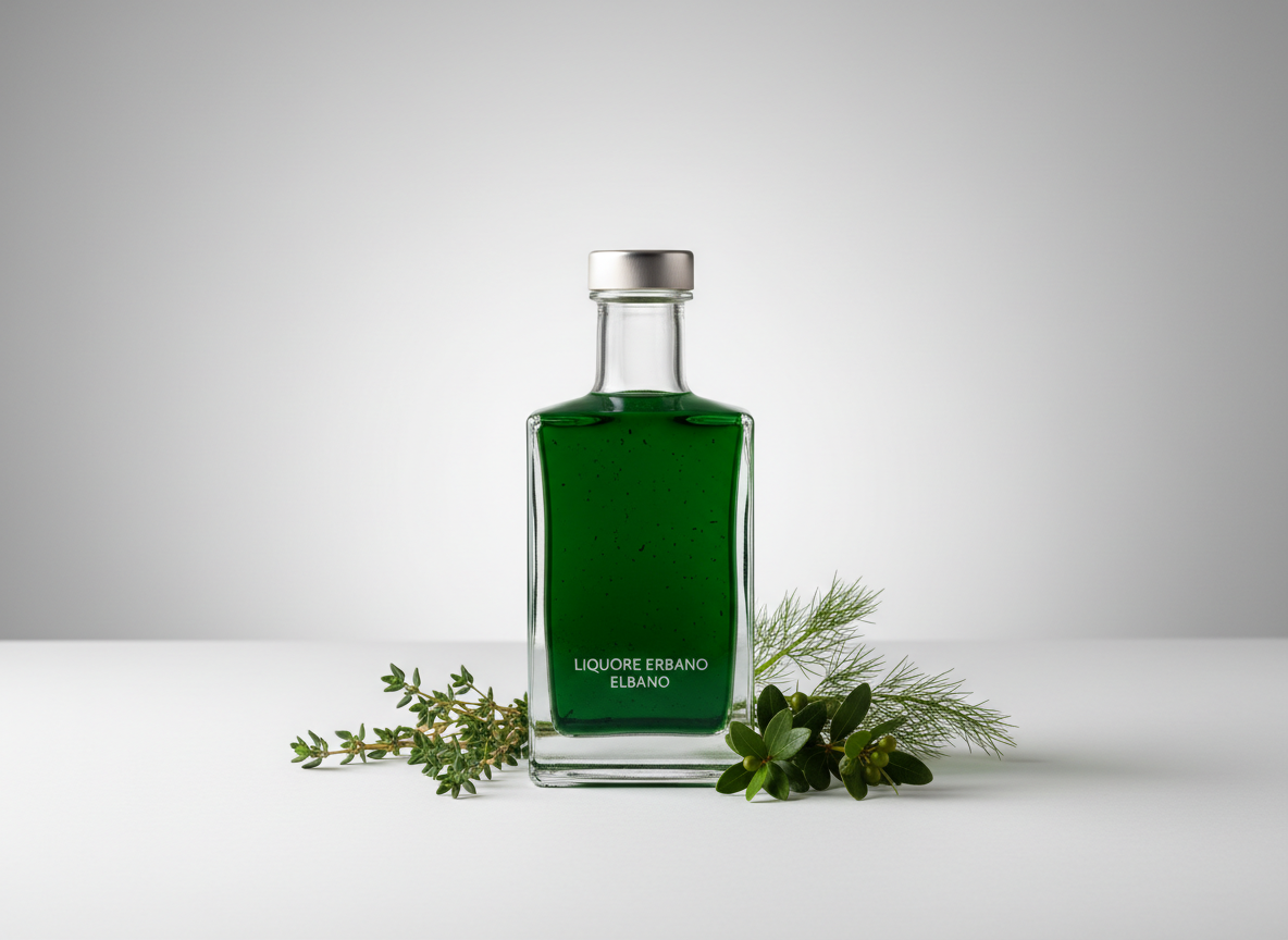 A minimalist product-style shot of a single square bottle of artisanal Elban herbal liqueur, its glass perfectly transparent, revealing a deep emerald-green liquid with tiny suspended botanicals. The bottle stands on a matte white surface against a softly graduated light-grey background. A delicate shadow falls behind and to the side, created by gentle studio lighting from the front-left, giving subtle highlights along the bottle’s edges and cap. At the base, a small arrangement of fresh island herbs—thyme, wild fennel, and a sprig of myrtle—adds a touch of organic texture. Photographic realism with a clean, modern aesthetic, centered composition, and sharp focus, ideal for a refined, premium brand presentation.
