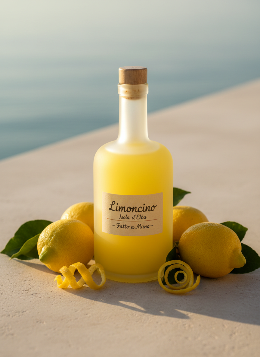A close-up of a single handcrafted bottle of limoncino from Isola d’Elba, its frosted glass glowing with a vibrant, opaque yellow liqueur. The bottle rests on a smooth, light stone surface, surrounded by freshly picked Elban lemons with leaves still attached, and a few twists of lemon zest. Soft morning sunlight filters in from the side, casting gentle, crisp shadows and subtle reflections on the stone. The sea is visible in the far background as a softly blurred blue-green band. Photographic realism, captured from a slightly elevated angle with the bottle centered, creating a clean, modern yet rustic atmosphere that feels fresh, artisan, and coastal.