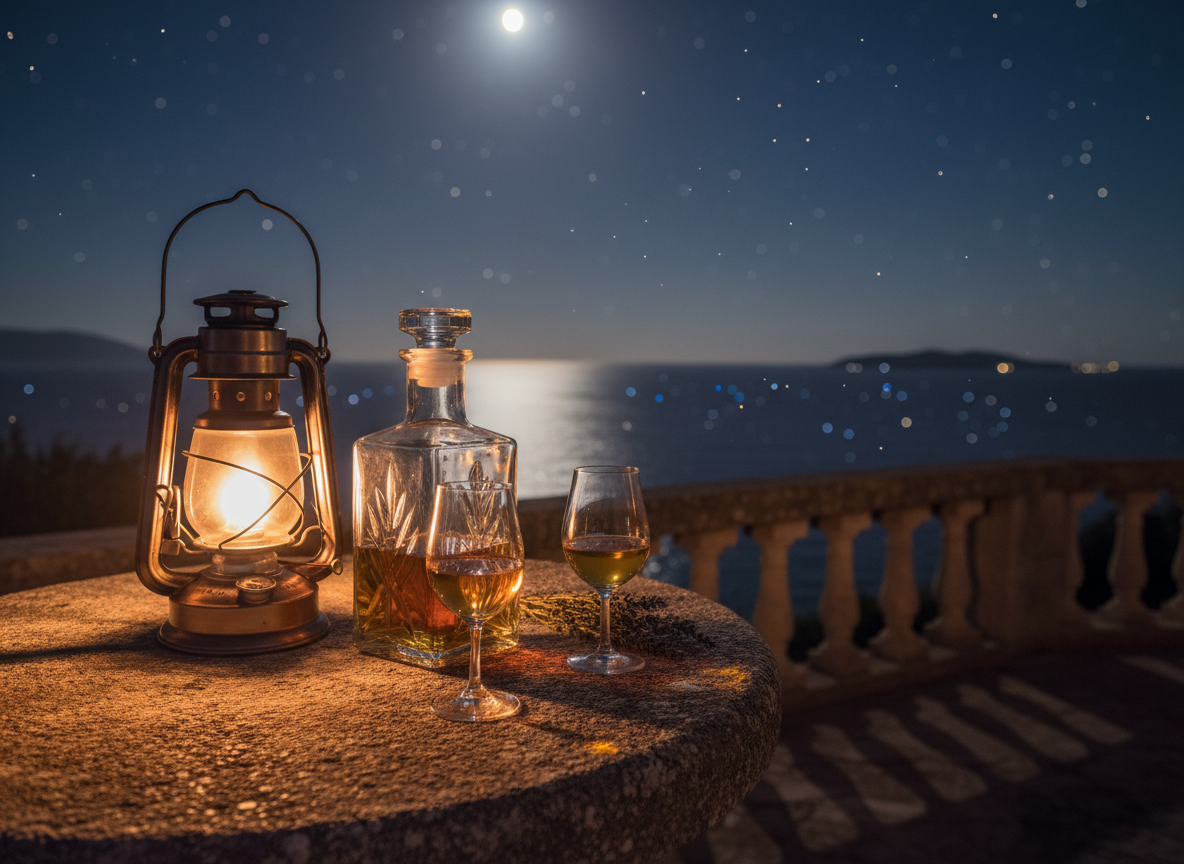 A nighttime scene of an outdoor stone terrace overlooking the sea, with a low table holding a decanter of golden Elban liqueur and two small, elegant glasses filled halfway. The decanter catches the warm glow of a nearby lantern resting on the table, while faint reflections of starlight shimmer on the calm water in the distance. The stone surface is textured, worn by salt and time, with a sprig of wild herbs beside the glasses. Photographic realism, captured from a low, intimate angle with a shallow depth of field, focusing sharply on the glass and liquid while the background softly fades, creating a romantic, tranquil island atmosphere.