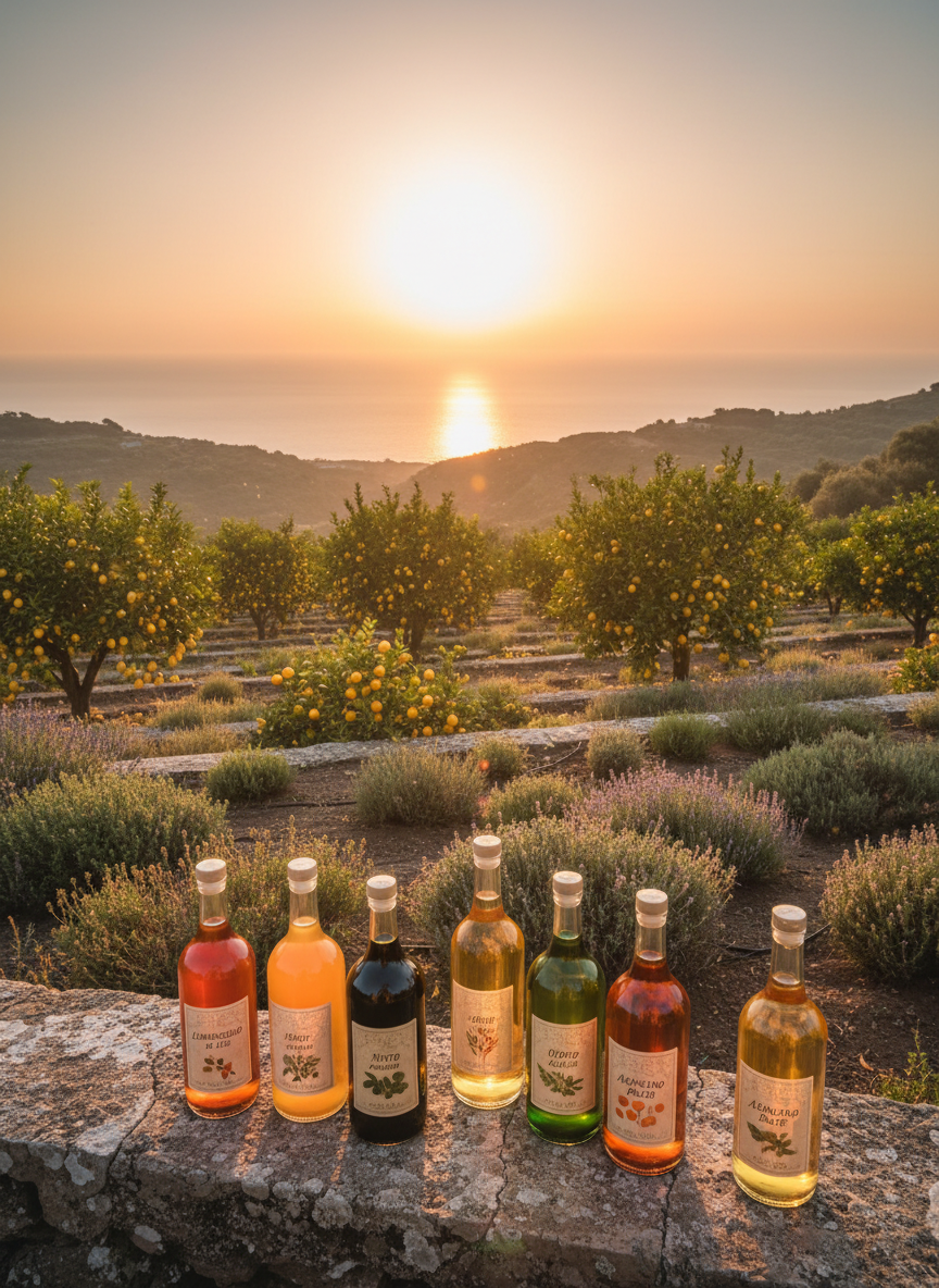 A panoramic, wide-angle view of an Elban hillside garden at golden hour, rows of citrus trees and aromatic herbs leading toward a distant glimpse of the sea. In the foreground, on a low stone wall, stands a collection of artisanal liqueur bottles reflecting the warm, orange-pink sky—each bottle labeled with flavors inspired by the surrounding plants. The sun is low, casting long, soft shadows and a radiant backlight that creates subtle lens flare around the bottles. Photographic realism, with a slightly elevated perspective and balanced composition, blending sharp detail in the foreground with a gentle, dreamy softness in the distant landscape, evoking origin, terroir, and authenticity.