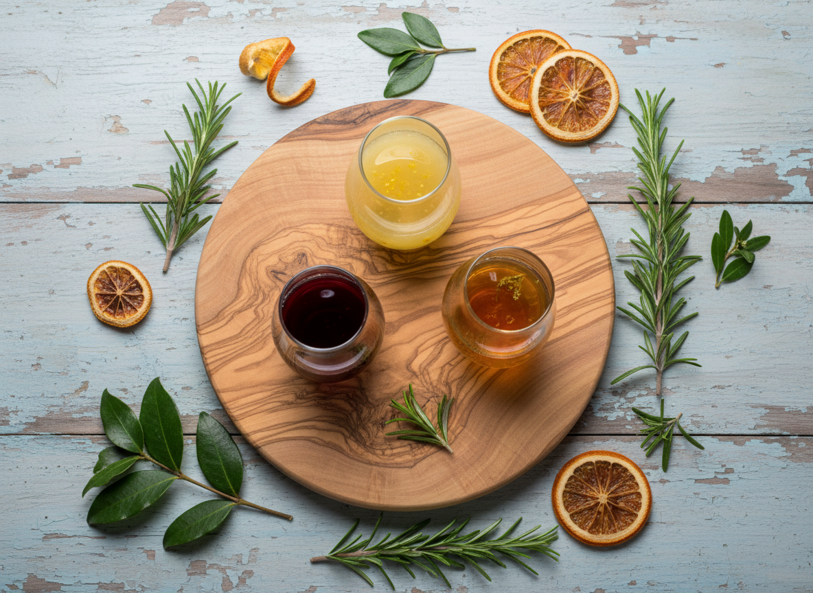 An overhead view of a wooden tasting board displaying three small, clear glasses filled with different artisanal liqueurs from Elba: one bright yellow citrus, one deep ruby red berry, and one translucent amber herb. The board sits on a weathered, pale-blue painted table that hints at a seaside setting. Scattered around are sprigs of wild rosemary, myrtle leaves, and a few sun-dried orange slices. Soft, diffused late-morning light from above creates minimal shadows and a calm, relaxed atmosphere. Photographic realism with sharp focus throughout, showcasing textures of the liquids, wood grain, and botanicals, evoking a slow, contemplative island tasting experience.
