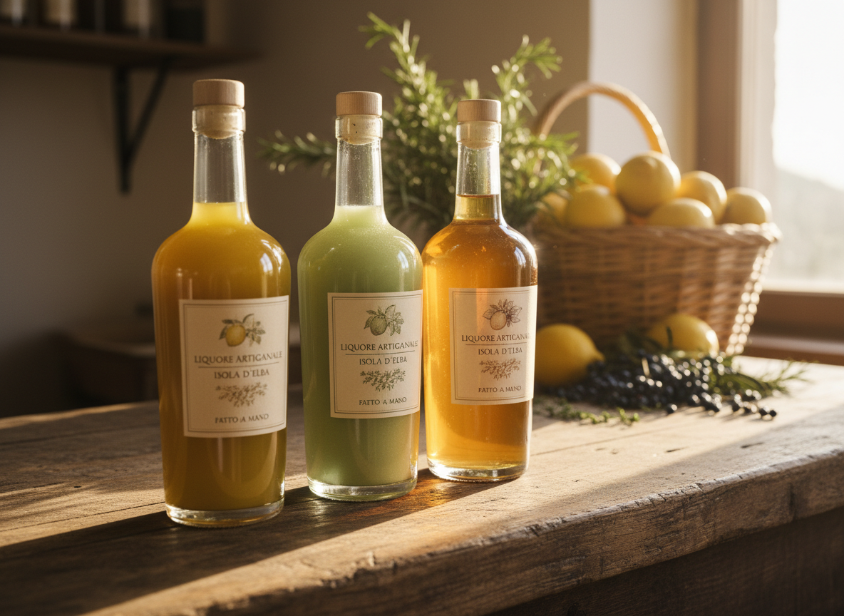 A row of elegant glass bottles of artisanal liqueur from Isola d’Elba, each with a different jewel-toned liquid—deep lemon-yellow, soft pistachio green, warm amber—arranged on a rustic wooden counter. Behind them, slightly out of focus, are woven baskets filled with fresh local lemons, wild herbs, and myrtle berries. Late afternoon coastal light streams through a nearby window, creating golden reflections and soft highlights on the glass. The mood is warm, authentic, and inviting. Photographic realism, shot at eye level with a shallow depth of field, emphasizes the handcrafted labels and subtle condensation on the bottles, while the background blurs into a cozy, island workshop atmosphere.