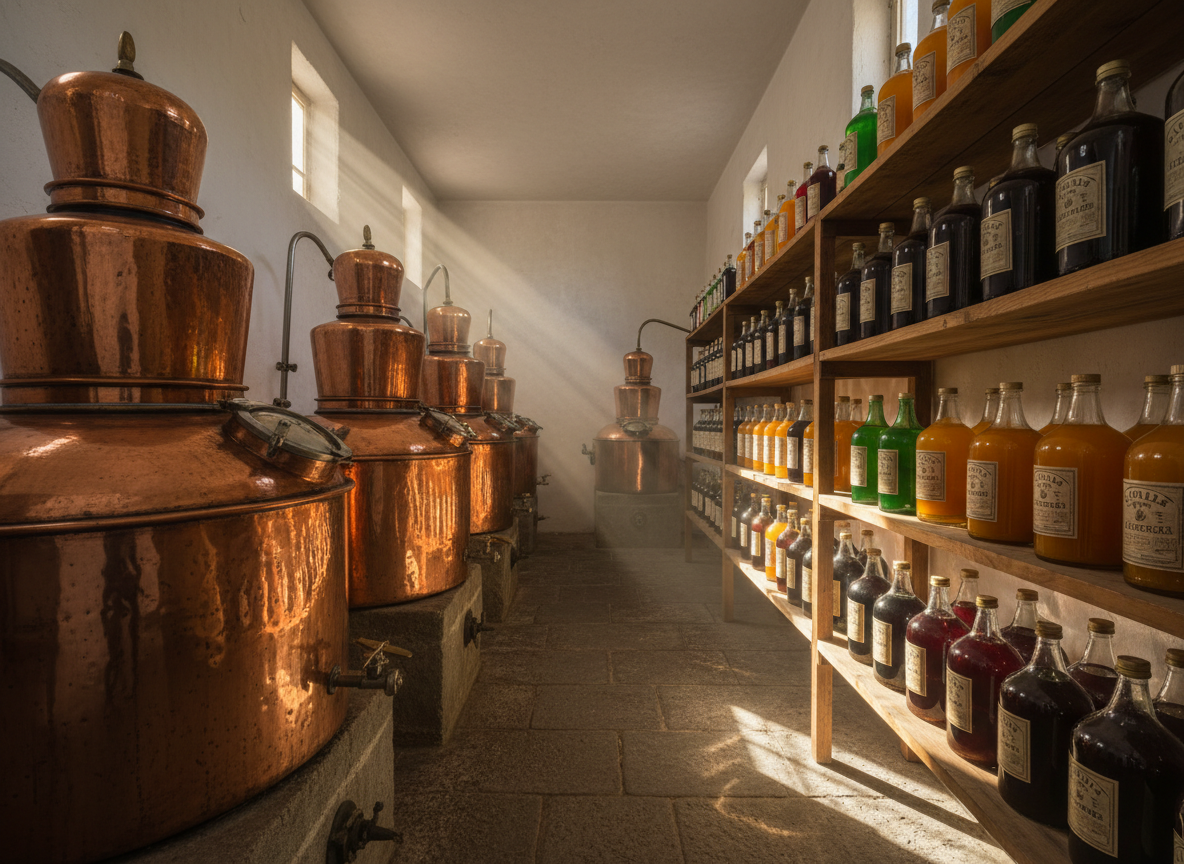 Inside a small island distillery, polished copper alembic stills and glass demijohns filled with colorful artisanal liqueurs from Isola d’Elba stand in neat rows on sturdy wooden shelves. The copper surfaces gleam with warm reflections, contrasting with the matte stone floor and whitewashed walls. Sunlight from high, narrow windows creates shafts of warm light and long, soft-edged shadows across the room. The atmosphere is intimate, traditional, and slightly mysterious, suggesting time-honored recipes and patient craftsmanship. Photographic realism, captured from a slightly low, wide-angle perspective, emphasizing depth and leading lines of equipment and bottles receding into the background, while maintaining clear, crisp detail in metal, glass, and liquid textures.